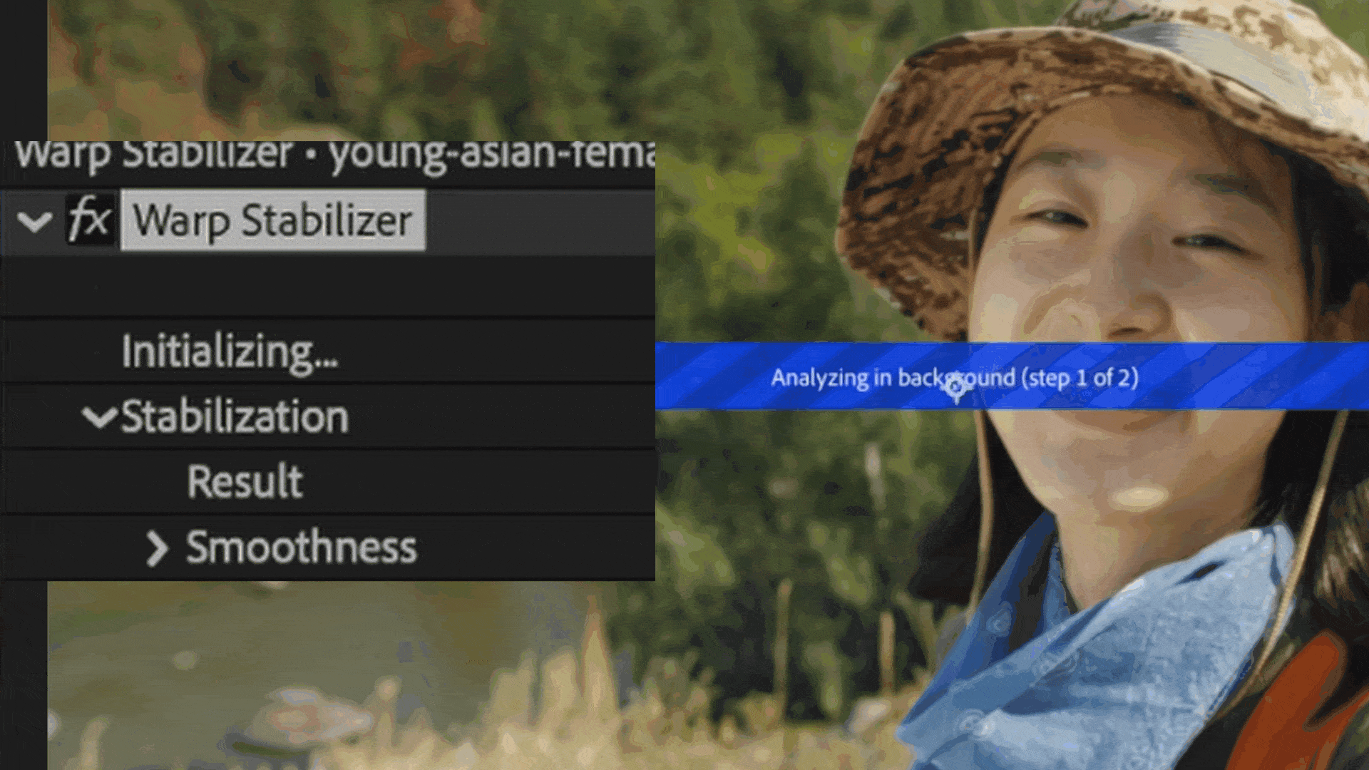 GIF showing the stabilization analysis running on a footage clip with Warp Stabilizer