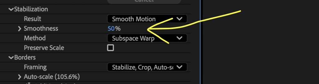 A screenshot showing the smoothness value of warp stabilizer set at 50%