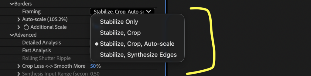 Screenshot showing the Framing options available in After Effects with Warp Stabilizer