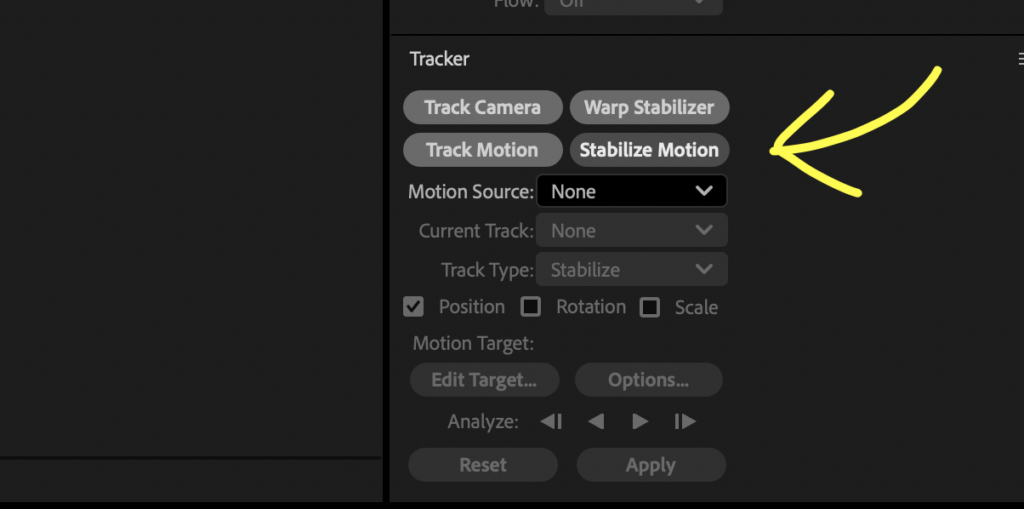Screenshot showing the tracker options inside After Effects, with Stabilize Motion highlighted