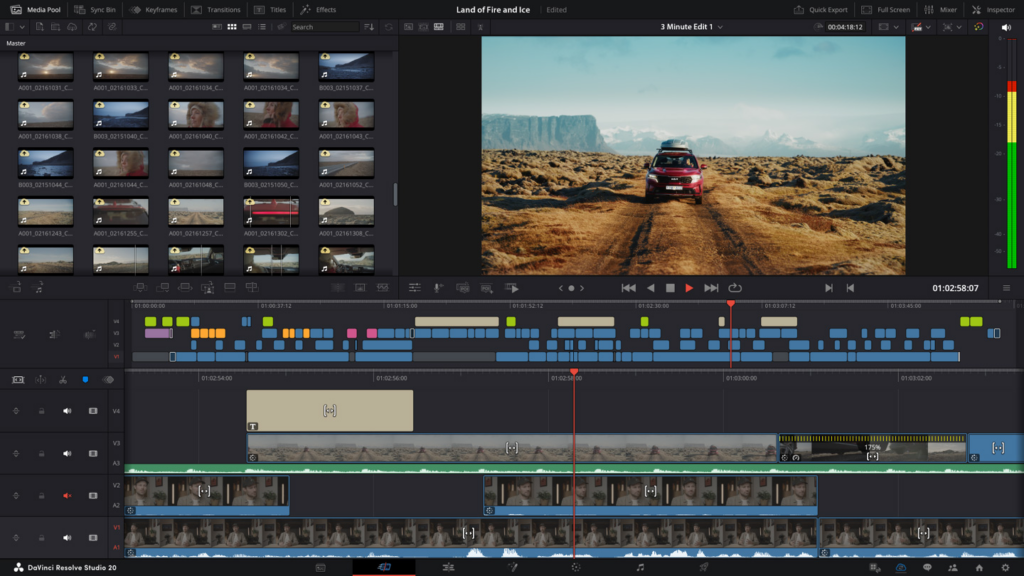 DaVinci Resolve's editing workspace, showing the timeline, media pool, and playback window.