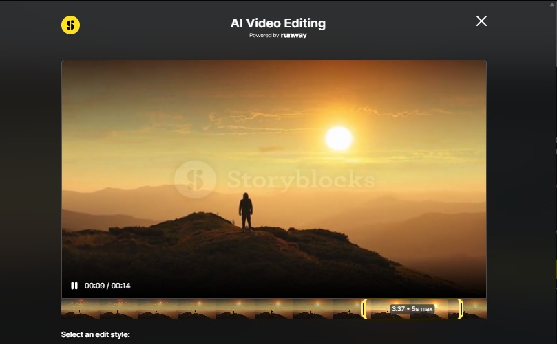 Image showing the AI Video Editing interface, with a section of the clip selected using the yellow slider on the timeline.
