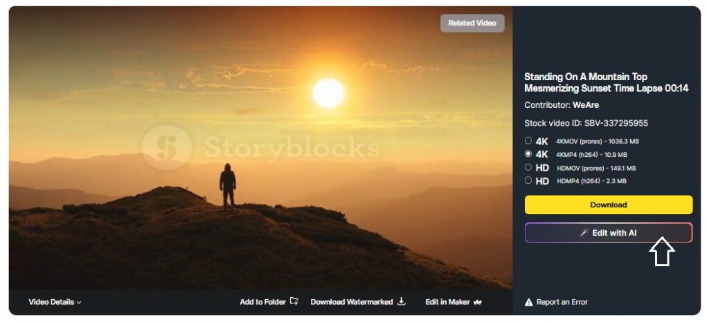 Image showing the footage detail section of a clip in the Storyblocks library, with a white arrow pointing at the Edit with AI button to access the AI Video Editing tool