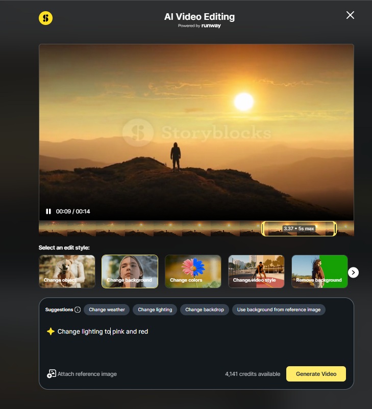 Image showing the AI Video Editing window with the Change background edit style selected and "Change lighting to pink and red" in the prompt box.