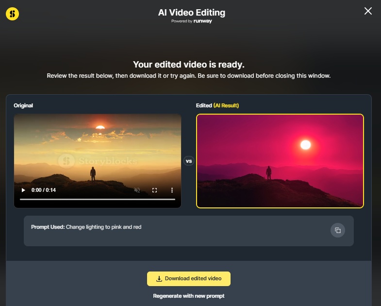 Image showing the AI Video Editing result window, with the original footage clip to the left and the edited AI version on the right.