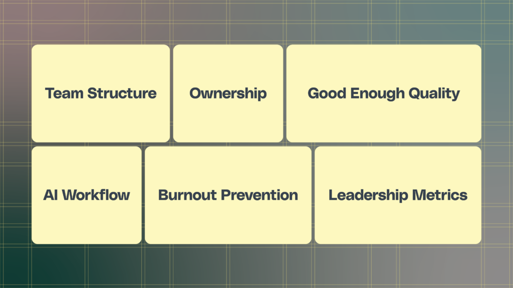 Six beige cards with the themes that shape modern video programs  arranged in two rows on a grid background. Text: "Team Structure," "Ownership," "Good Enough Quality," "AI Workflow," "Burnout Prevention," and "Leadership Metrics."