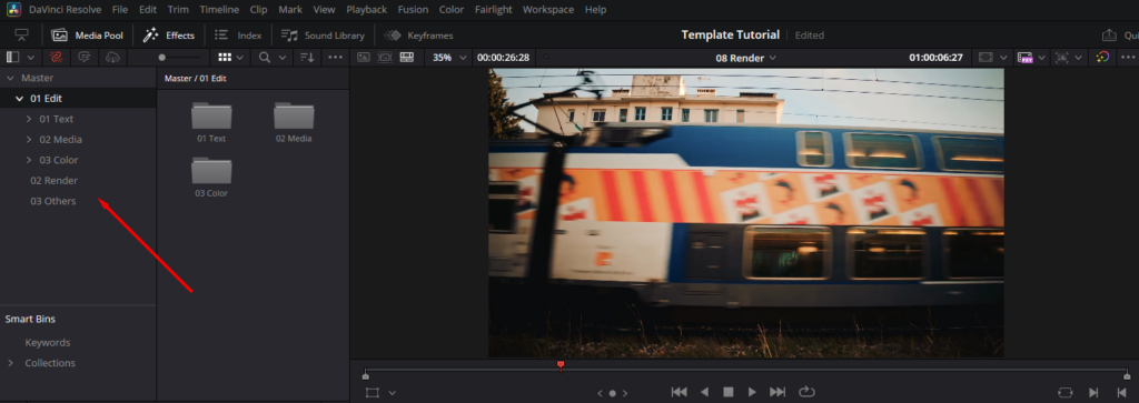 DaVinci Resolve's Effects panel, highlighting the folder structure of the example template file.
