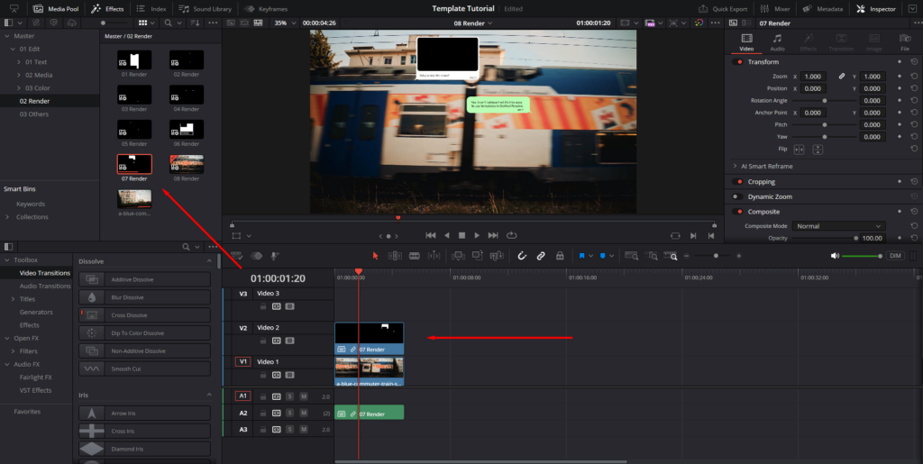 DaVinci Resolve's Effects panel and timeline, showing what it looks like to drag and drop the template over a sample clip