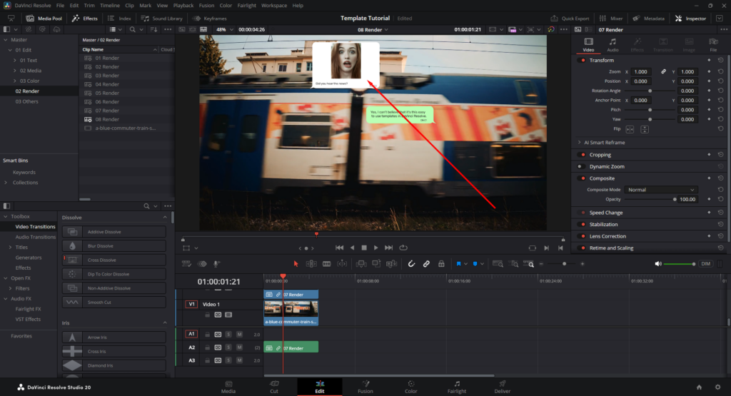 DaVinci Resolve's Monitor, highlighting where the sample image will appear once it's added to the placeholder.