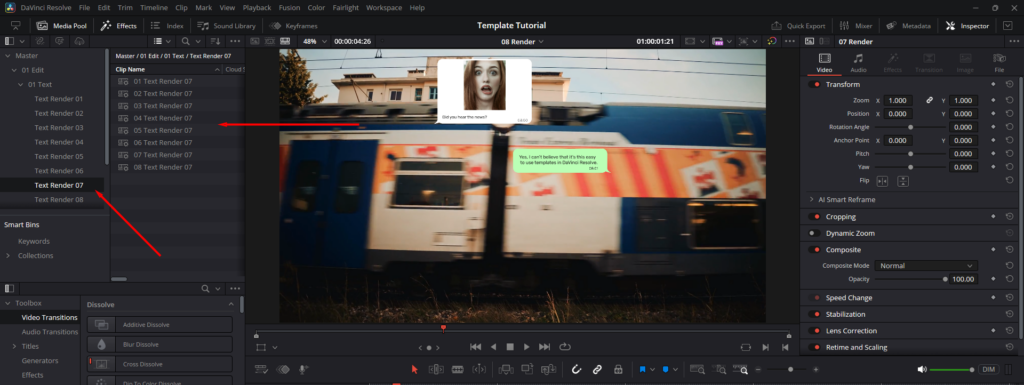 DaVinci Resolve's Effects panel, showing where to find the text placeholder elements.
