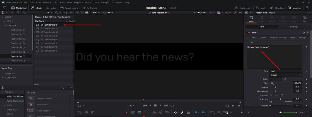 DaVinci Resolve's Inspector panel, highlighting where you can change the text elements of a template's text placeholder.