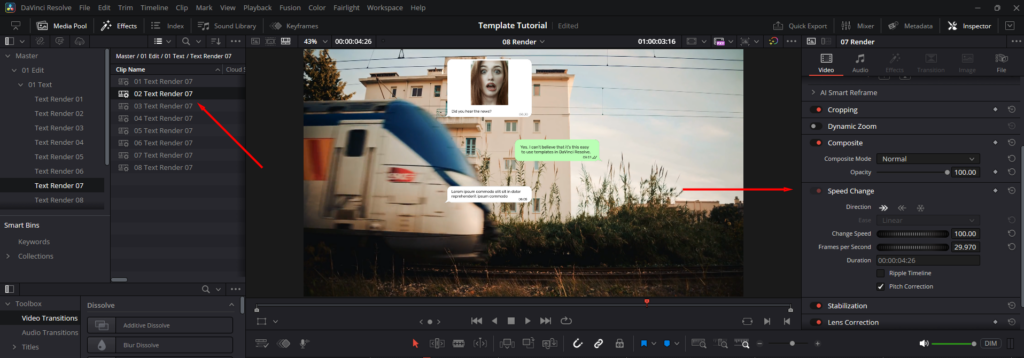 DaVinci Resolve's Inspector panel, showing the Speed Change settings to adjust an animation's velocity.
