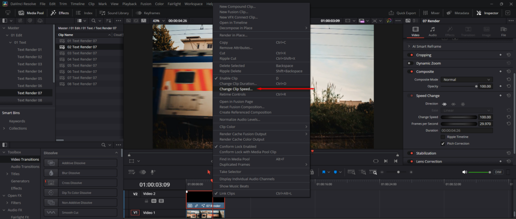 A screenshot of DaVinci Resolve's context menu, highlighting the Change Clip Speed setting.