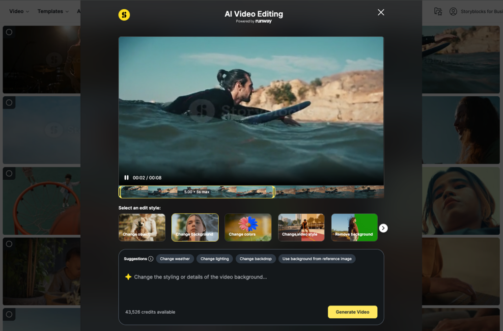 Screenshot showing the interface of the AI Video Editing tool from Storyblocks.