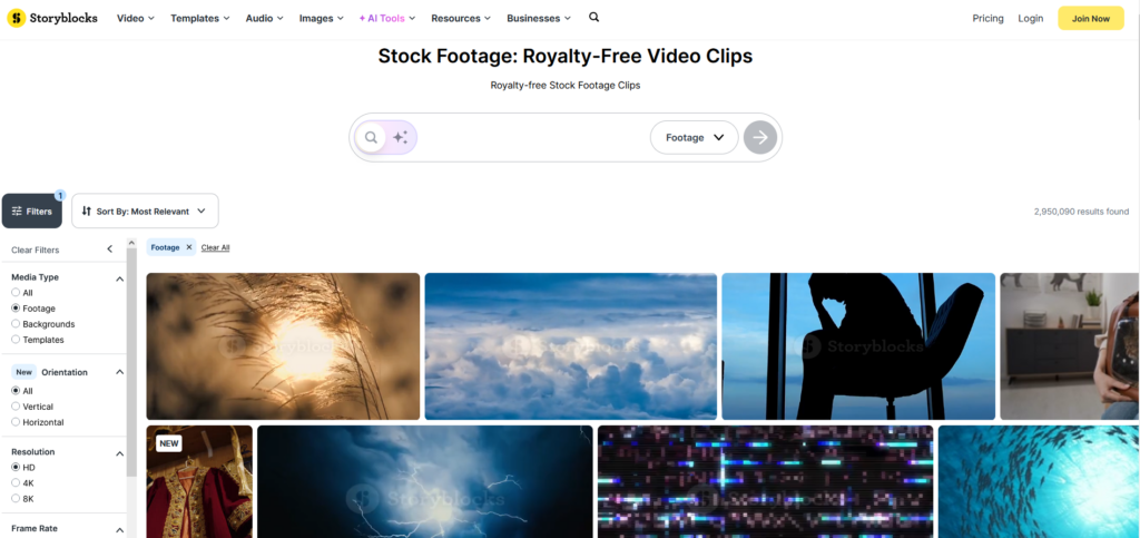 Screenshot of Storyblocks video library
