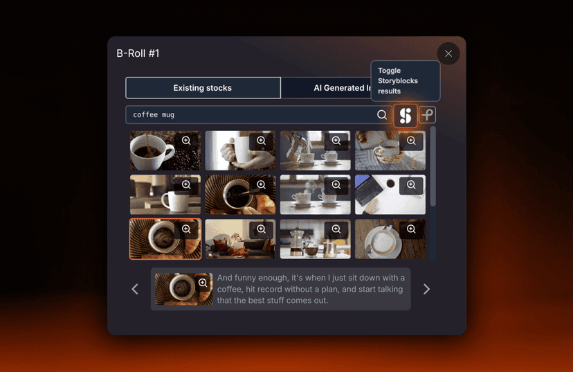 AutoCut's Storyblocks integration, showing how easy it is to add stock clips to your new short-form content.