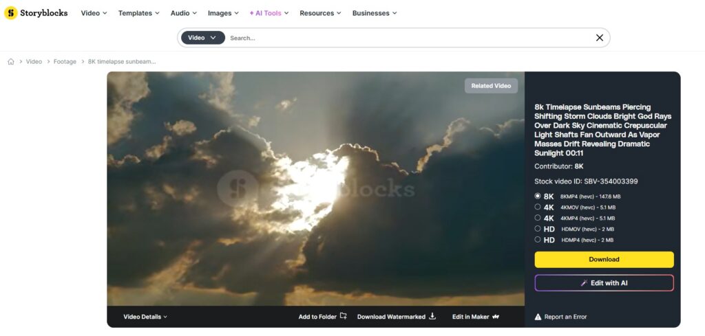 Screenshot showing a footage clip in the Storyblocks library with details, including the different resolutions and file types it's available to download in