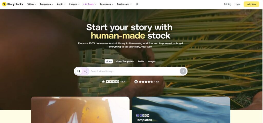 Screenshot showing the Storyblocks homepage with a header that says "Start your story with human-made stock"