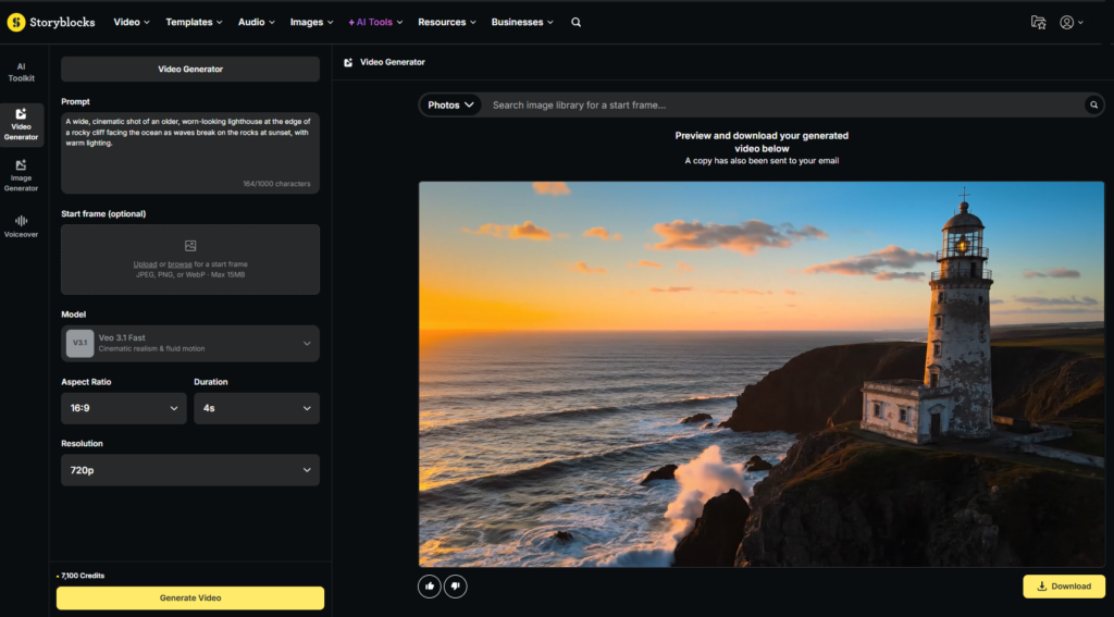 Screenshot of generated video shown within the AI Video Generator interface on Storyblocks.