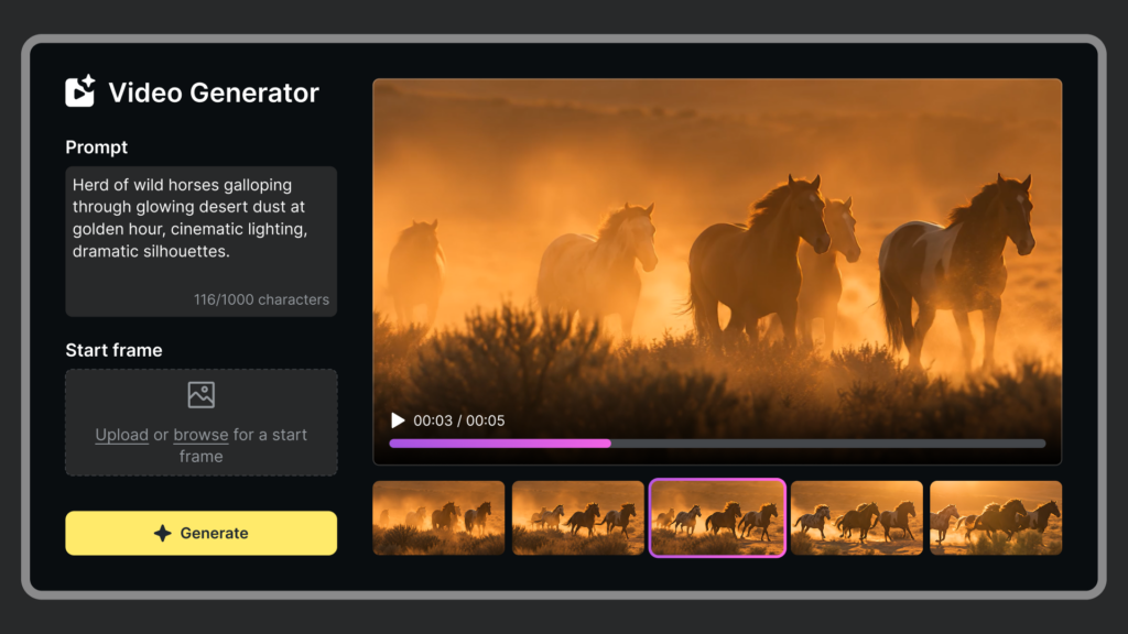 A UI design for Video Generator, showing a text box for prompting, an image upload box for a start frame, and a preview of a clip showing a herd of horses galloping in a dusty desert scene with warm orange lighting.