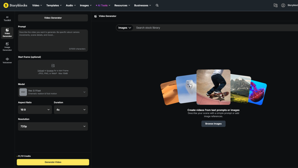 An image showing the AI Toolkit hub inside of Storyblocks, with tabs for each individual AI-powered tool along the left hand sidebar.