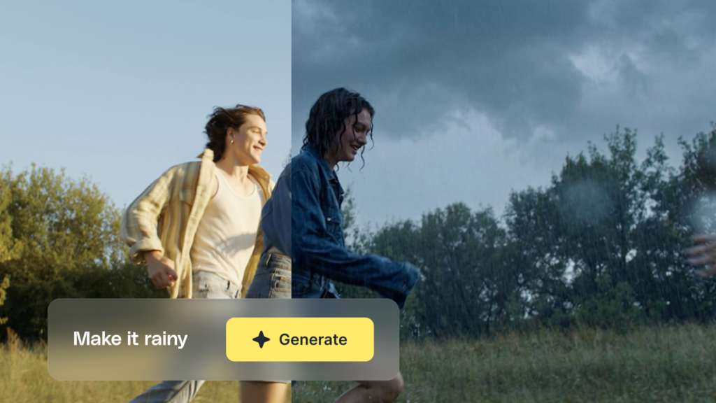 An image with a split screen, where the left side shows a person running outdoors in a field in the sun with a clear sky and the right shows a woman with wet hair in the rain, with a cloudy sky and dim lighting. Overlaid on top is a semi-transparent box that says "Make it rainy" with a yellow button that says Generate.