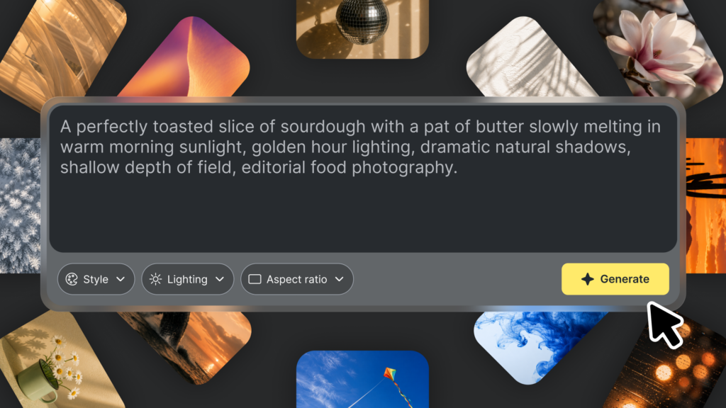 An image showing a text prompt box with example text and a large yellow button with the word Generate on it, with a mouse cursor hovering over the button. Behind it is a bunch of smaller images scattered around a dark gray background.