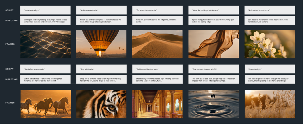 Image showing an example of a storyboard using AI generated images to help guide visual direction.